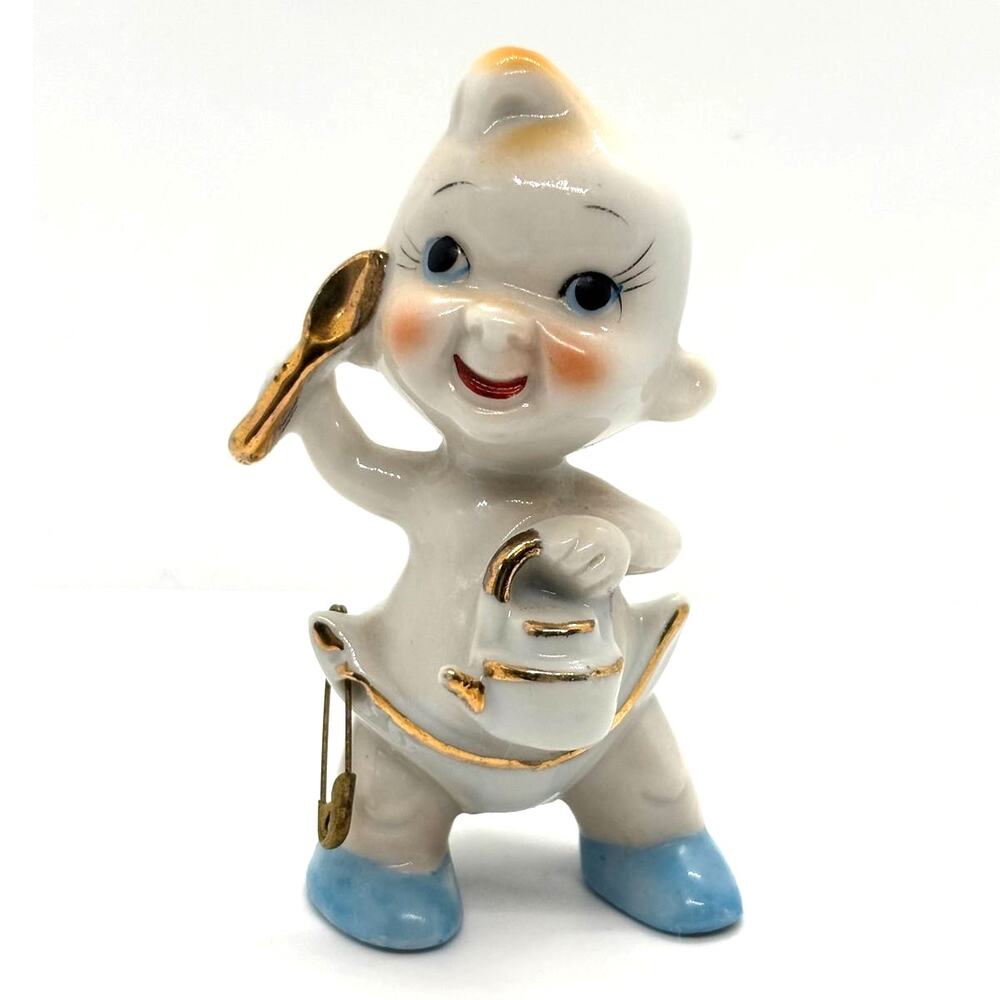 Vintage 1940's Japan Baby in Diaper Figurine Holding Teapot, Spoon, Safety Pin